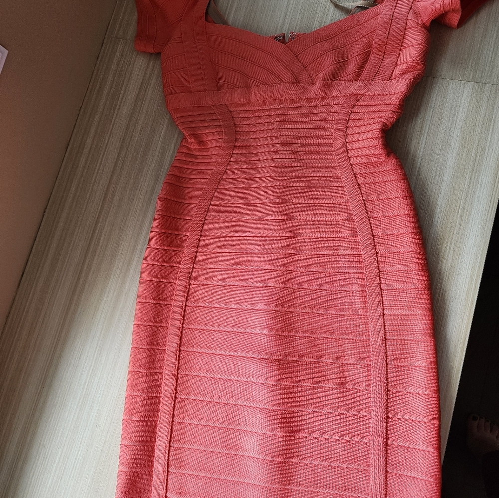 Herve Leger XS Pink Coral Pia Dress
